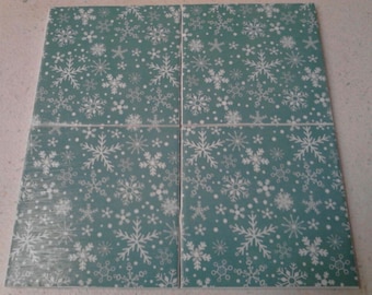Snowflakes on turquoise coasters set. Winter coasters. Set of 4 Christmas/ holiday tile coasters.