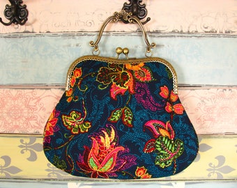 Oriental evening clutch purse with flowers, kiss lock purse, metal frame purse, purse with handle
