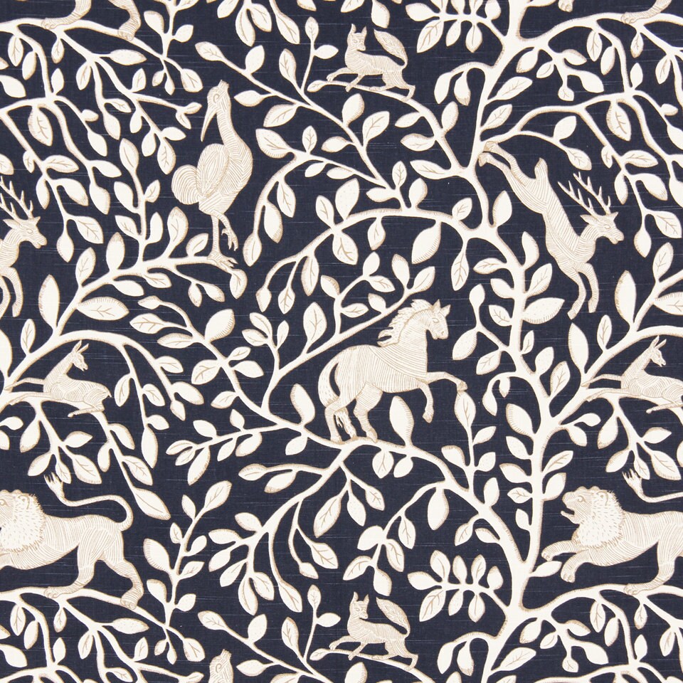 Navy Blue Animal Upholstery Fabric Fabric with Lions Blue