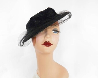 Vintage 1940s hat, black tilt boater, woman's WW2 era