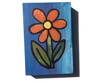 Pretty Orange Flower Painting - Daisy Art, Whimsical Mixed Media Collage Art, Small Painting, Floral Art by Claudine Intner