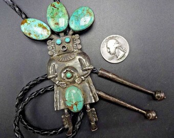 Signed Vintage NAVAJO Sterling Silver & TURQUOISE Kachina BOLO Tie, Leather Cord
