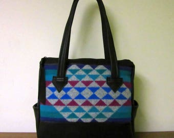 Large Hand Bag Handbag Purse Shoulder Bag Soft Black Leather 9 Pockets Blanket Wool from Pendleton Oregon