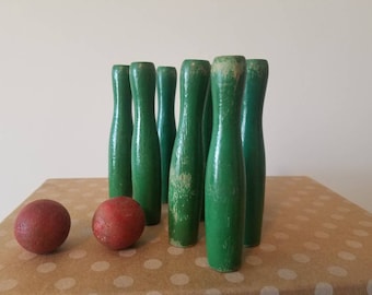 strike - wooden bowling set, vintage child's toy, lovely red and green display
