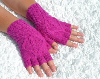 Cashmere half finger gloves, hand knitted gloves, cashmere gloves, pink gloves, cable knit gloves, pink half finger gloves, women's gloves