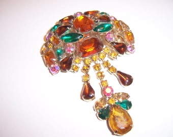 Large Vintage Multi Colored Glass Rhinestone Dangle Drop Brooch Pin