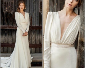 Long Sleeve Wedding Dress, Vintage Wedding Dress, Bridal Gown, off white wedding dress, simple wedding dress, bohemian wedding dress