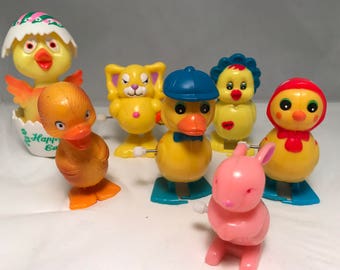 Windup Easter Vintage Lot of Seven Toys, Bunny, duck, rabbit