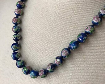 Vintage cloisonne blue hand knotted necklace