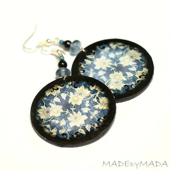 Items similar to Floral Fabric Denim Earrings Free Shipping Round
