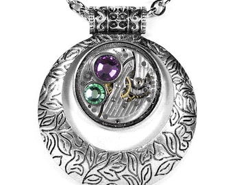 Steampunk Jewelry Necklace Vintage Watch, Silver Tribal Boho Jewelry, AMETHYST PERIDOT Crystal Mothers Day GORGEOUS - by Steampunk Boutique