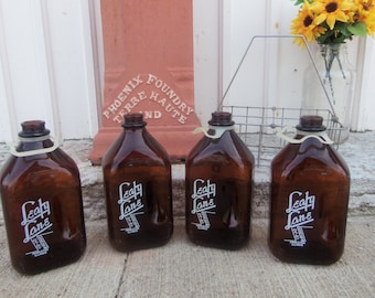 4 Vintage Amber Half Gallon Milk Bottles Princeton Illinois Milk Bottle Carrier Included B649