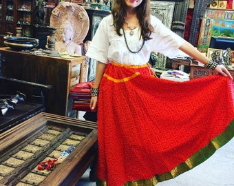 Womens Cotton Maxi Skirt Printed Gypsy Golden Border Summer Romance Skirts M