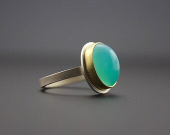 Blue Peruvian Opal Cabochon Ring - Bezel Set 22 Karat Gold and Sterling Silver - Oval Opal Ring - One of a Kind