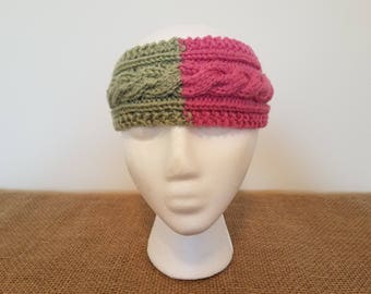 Women’s hand knit pink & green cable headband