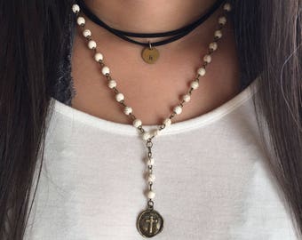 white howlite beaded necklace, rosary chain necklace, bronze necklace, cross charm, boho jewelry, layered necklace, White Beaded Rosary