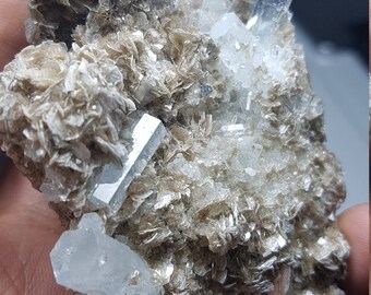Multiple growth Aquamarine crystals w termination on Mica matrix