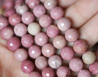 Rhodonite Beads, 8mm Faceted Rounds, Light Pink Beads, Natural Gemstone,