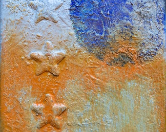 Three Stars, original mixed media collage on canvas