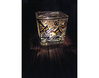 Hand painted winter village candle jar