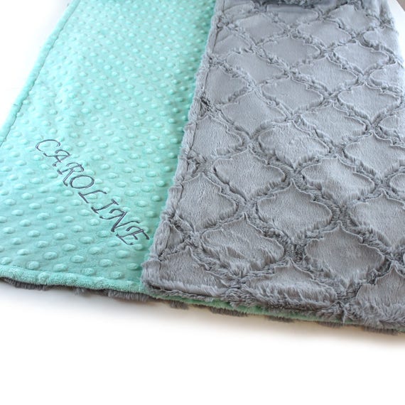 Baby Girl Minky Baby Blanket, Mint Gray Personalized Baby Blanket, Geometric Blanket, Baby shower Gift, Name Baby Blanket Kids Minky Blanket