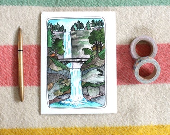 Greeting Card - Multnomah Falls Greeting Card - Oregon Card - Blank Greeting Card - Illustrated Card - Waterfall Card - Mulnomah Falls