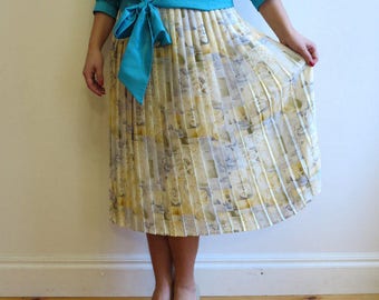 Pastel Blue Yellow Abstract Print Accordion Pleated Midi Skirt Elastic Waist Skirt Vintage 80s Large Size