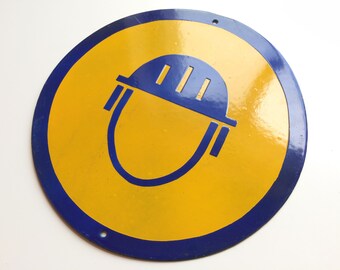 Vintage Enamel Sign Porcelain Caution Wear Hard Hat 1970's Big Size Man Cave Safety Sign Rare