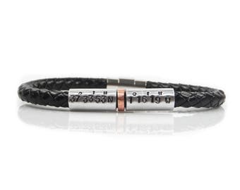 Leather Personalised Coordinates Bracelet, Personalized Latitude Longitude Bracelet – Gift Boxed