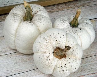 Fabric Pumpkin Set of 3 White Pumpkins with real stems