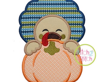 Turkey Boy Pumpkin Peeker Applique for Machine Embroidery (Shown with our Natural Circle Monogram NOT included) INSTANT DOWNLOAD
