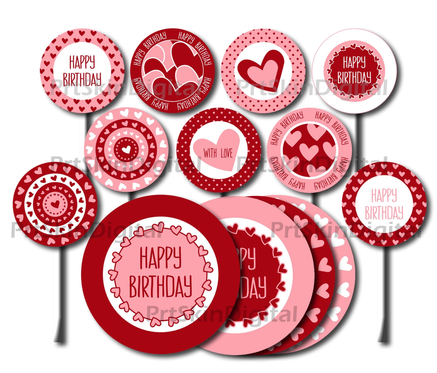 printable cake toppers happy birthday red pink hearts dots