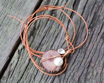 Handmade Reclaimed/Salvaged Wood, Wire, Pearl & Rhinestone Pendant Necklace Brown Leather Cord eco friendly boho unique OOAK live bark edge