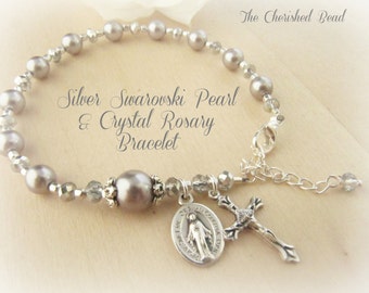 Beautiful Silver Swarovski Pearl and Crystal Rosary Bracelet