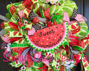 Summer wreath, Watermelon deco mesh wreath, Watermelon wreath, Summer deco mesh wreath, green and pink mesh wreath, Welcome mesh wreath,