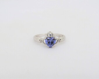 Vintage Claddagh Sterling Silver Tanzanite & White Topaz Ring Size 8