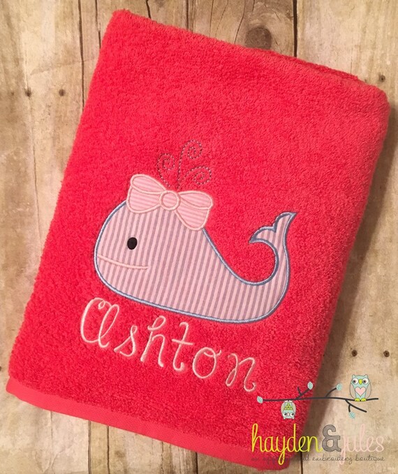 Girly Whale Applique Beach Bath Towel Personalized