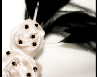 Snowman - Ivory Satin Rosette Fascinator - with Feathers and Crystals