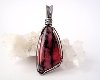 Rhodonite Pendant ~ Handcut Natural Australian Stone ~ Handcrafted with Recycled 925 Sterling Silver ~ Heart Chakra Amulet ~ Rose Pink Black