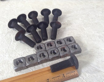 10 Carriage Bolts with Nuts, 1 1/2" Bolts, New Old Stock Hardware, Industrial, Steampunk, Assemblage Supply, Salvaged Hardware Supplies