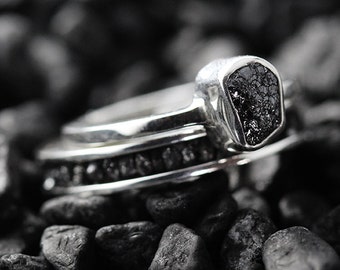 Wedding Ring Set Engagement Ring Black Diamond Ring Wedding Band Set Wedding Ring Diamond Ring Sterling Silver Ring Engagement Rings