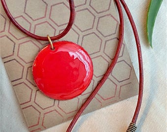 Red Circle Enameled Pendant Necklace
