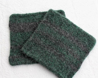 Set Wool Felt Hot Pads Trivets, Forest Green Gray Wool Pot Holder Set, Gray Green Knit Felted Trivet Set, Charcoal Gray Green Wool Trivets