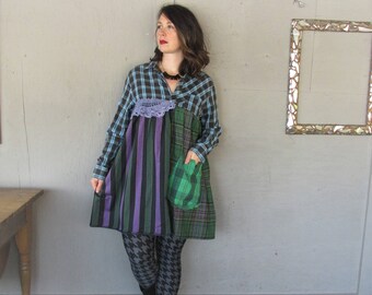 upcycled tunic dress Bohemian clothing Boho loose fit wearable art X Large recycled oversize shirt romantic fun clothes LillieNoraDryGoods