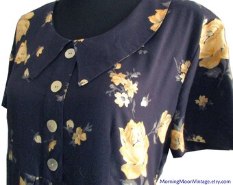 Vintage Maxi Dress, YELLOW Roses on NAVY BLUE, Rayon Print Maxi, Vintage 90s does 30s Boho Maxi, ties in back pleated front, flowy & breezy!