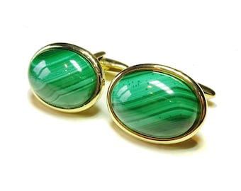 Semi-precious Gemstone Cabochon Cufflinks - Green Malachite - Silver or Gold Plated
