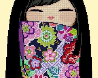 Happy Kokeshi Doll 06 MAAYA - Cross Stitch PDF Pattern