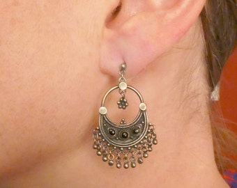 Sterling Silver hoop earrings with black glass and silver fringe