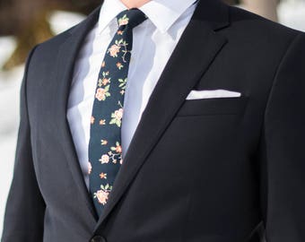 Navy with Coral, White and Light Coral Floral Print Skinny Tie