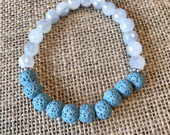 Blue Lava Rock Beads - White Glass Beaded Bracelet